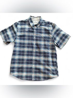 Retro Grunge Dadcore Orange and Blue Plaid Short Sleeve Button Down Shirt